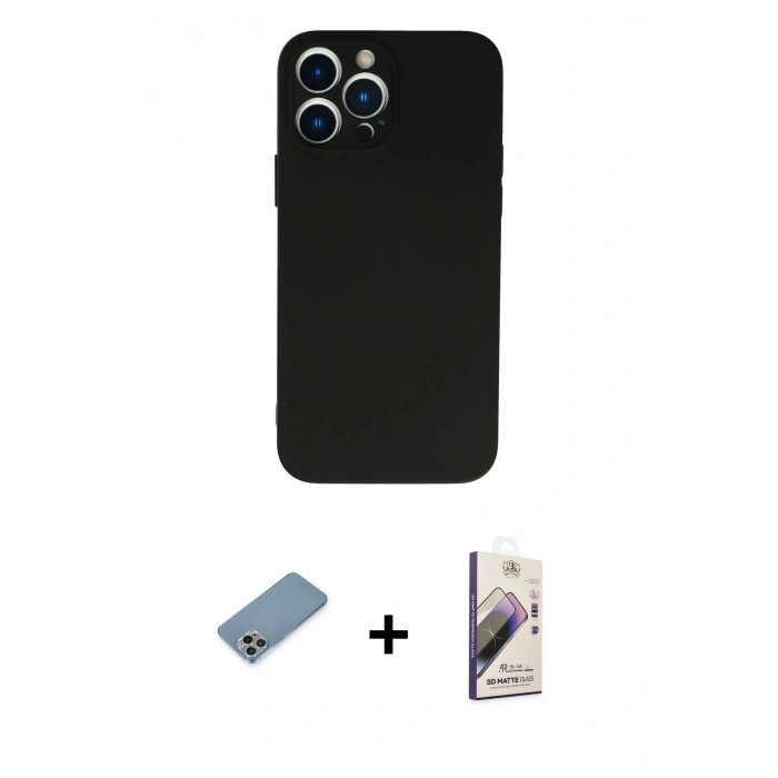 MARSİLYAN™- iPhone 13 Pro Max Kılıf Ahenk Serisi - Siyah Bilvis 3D Mat Cam Ekran Koruyucu + Shine Kamera Lens Koruma Cam - GI