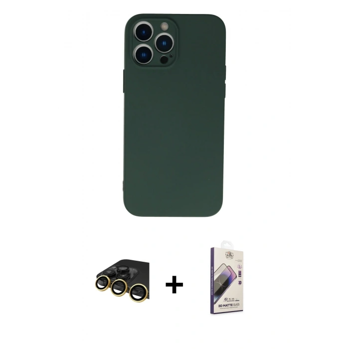 MARSİLYAN™- iPhone 13 Pro Max Kılıf Ahenk Serisi - Siyah Bilvis 3D Mat Cam Ekran Koruyucu + Gold Raze Metal Kamera Lens