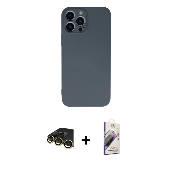 MARSİLYAN™- iPhone 13 Pro Max Kılıf Ahenk Serisi - Siyah Bilvis 3D Mat Cam Ekran Koruyucu + Gold Raze Metal Kamera Lens