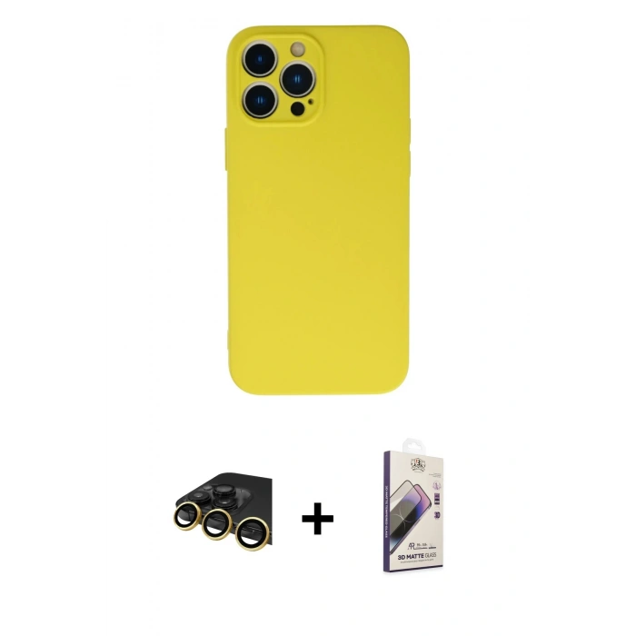 MARSİLYAN™- iPhone 13 Pro Max Kılıf Ahenk Serisi - Siyah Bilvis 3D Mat Cam Ekran Koruyucu + Gold Raze Metal Kamera Lens