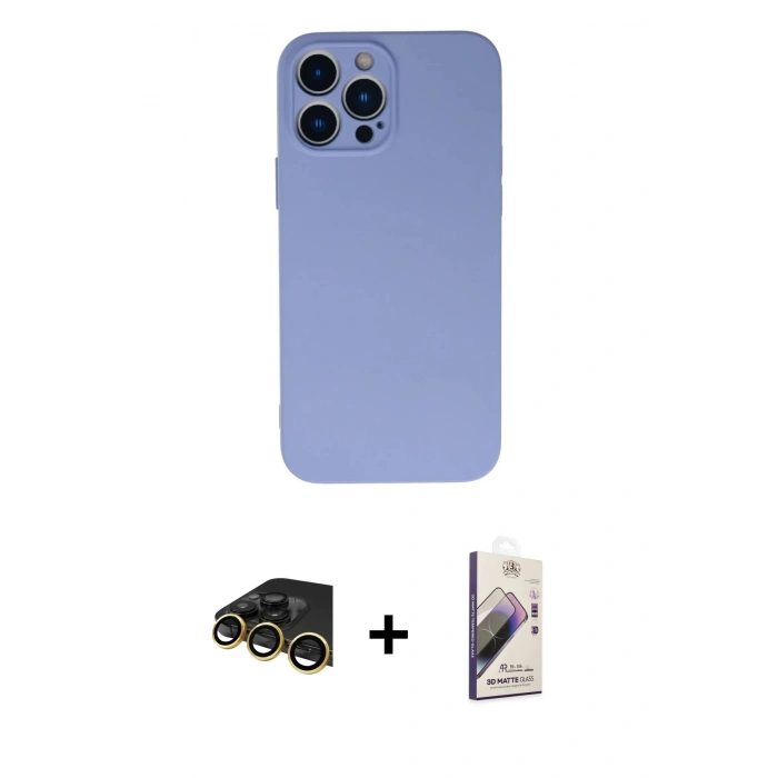 MARSİLYAN™- iPhone 13 Pro Max Kılıf Ahenk Serisi - Siyah Bilvis 3D Mat Cam Ekran Koruyucu + Gold Raze Metal Kamera Lens
