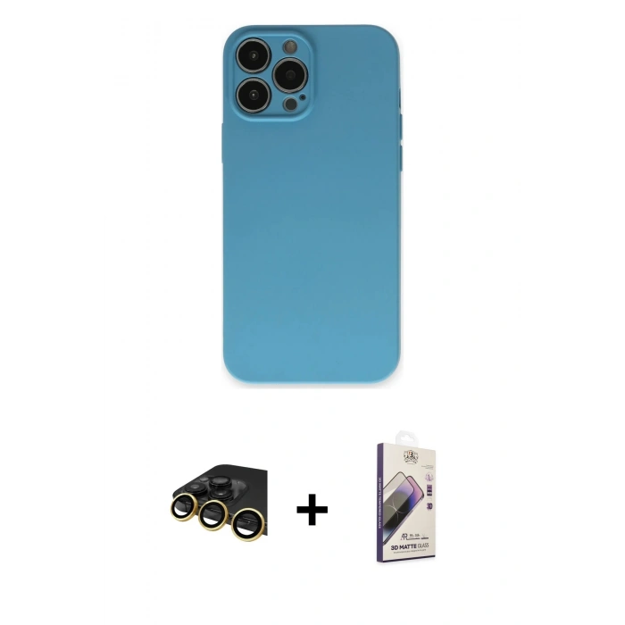 MARSİLYAN™- iPhone 13 Pro Max Kılıf Ahenk Serisi - Siyah Bilvis 3D Mat Cam Ekran Koruyucu + Gold Raze Metal Kamera Lens