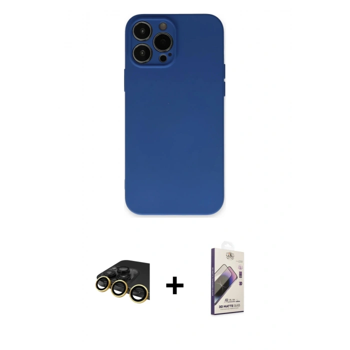 MARSİLYAN™- iPhone 13 Pro Max Kılıf Ahenk Serisi - Siyah Bilvis 3D Mat Cam Ekran Koruyucu + Gold Raze Metal Kamera Lens