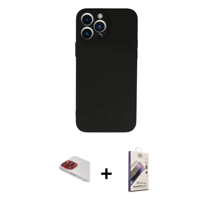 MARSİLYAN™- iPhone 13 Pro Max Kılıf Ahenk Serisi - Siyah Bilvis 3D Mat Cam Ekran Koruyucu + Pers Alüminyum Kamera Lens - KI