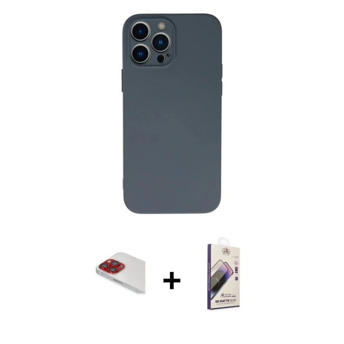MARSİLYAN™- iPhone 13 Pro Max Kılıf Ahenk Serisi - Siyah Bilvis 3D Mat Cam Ekran Koruyucu + Pers Alüminyum Kamera Lens - KI