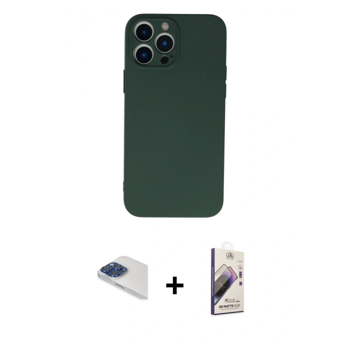 MARSİLYAN™- iPhone 13 Pro Max Kılıf Ahenk Serisi - Siyah Bilvis 3D Mat Cam Ekran Koruyucu + Lacivert Pers Alüminyum Kamera Lens