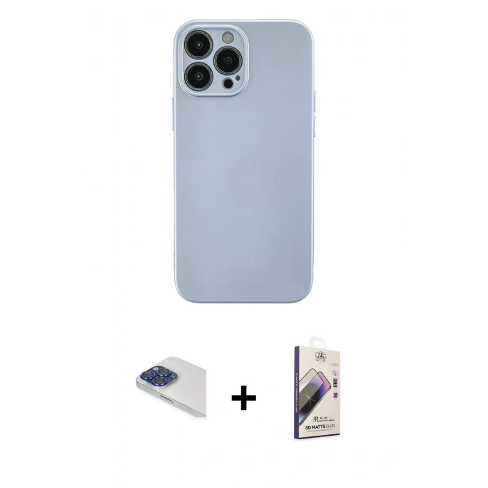 MARSİLYAN™- iPhone 13 Pro Max Kılıf Ahenk Serisi - Siyah Bilvis 3D Mat Cam Ekran Koruyucu + Lacivert Pers Alüminyum Kamera Lens