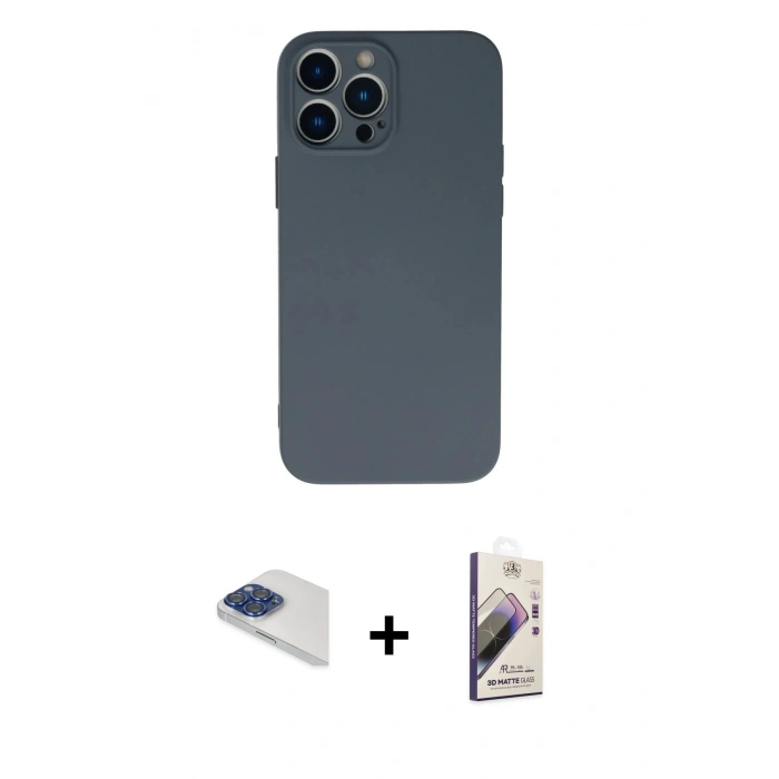 MARSİLYAN™- iPhone 13 Pro Max Kılıf Ahenk Serisi - Siyah Bilvis 3D Mat Cam Ekran Koruyucu + Lacivert Pers Alüminyum Kamera Lens