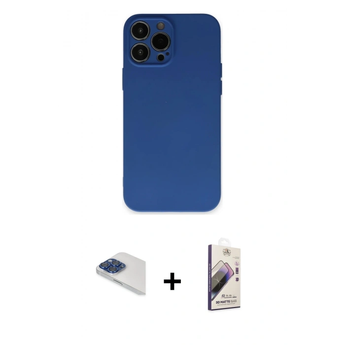 MARSİLYAN™- iPhone 13 Pro Max Kılıf Ahenk Serisi - Siyah Bilvis 3D Mat Cam Ekran Koruyucu + Lacivert Pers Alüminyum Kamera Lens