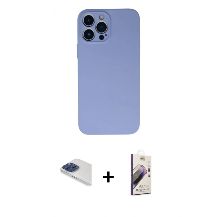 MARSİLYAN™- iPhone 13 Pro Max Kılıf Ahenk Serisi - Siyah Bilvis 3D Mat Cam Ekran Koruyucu + Lacivert Pers Alüminyum Kamera Lens