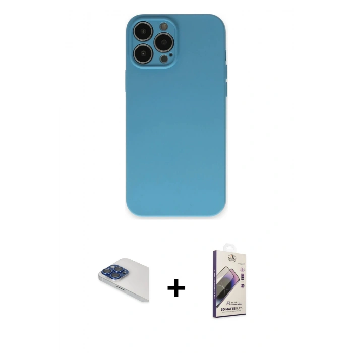 MARSİLYAN™- iPhone 13 Pro Max Kılıf Ahenk Serisi - Siyah Bilvis 3D Mat Cam Ekran Koruyucu + Lacivert Pers Alüminyum Kamera Lens