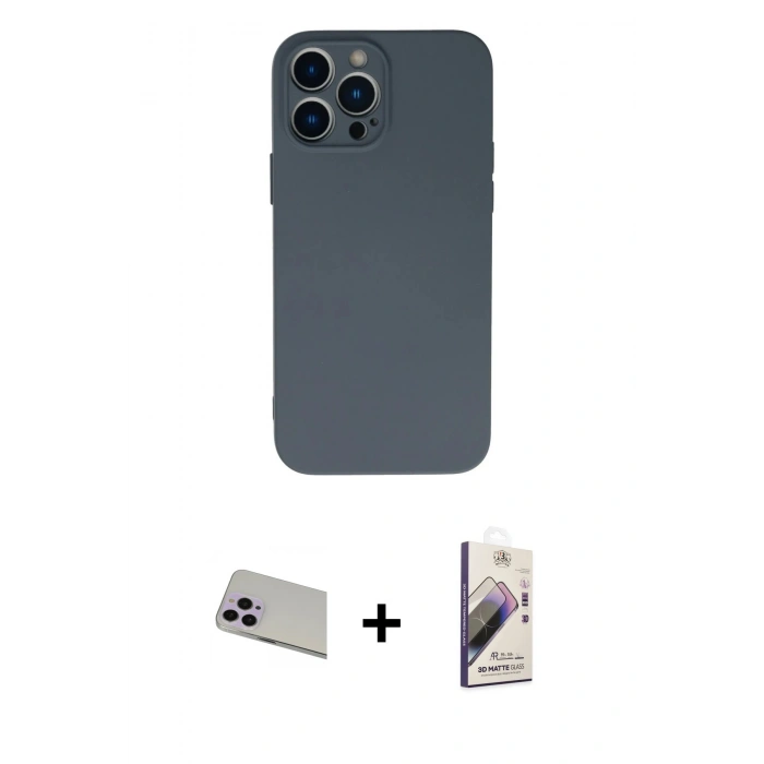 MARSİLYAN™- iPhone 13 Pro Max Kılıf Ahenk Serisi - Siyah Bilvis 3D Mat Cam Ekran Koruyucu + Rainbow Kamera Lens Koruma Cam - MR