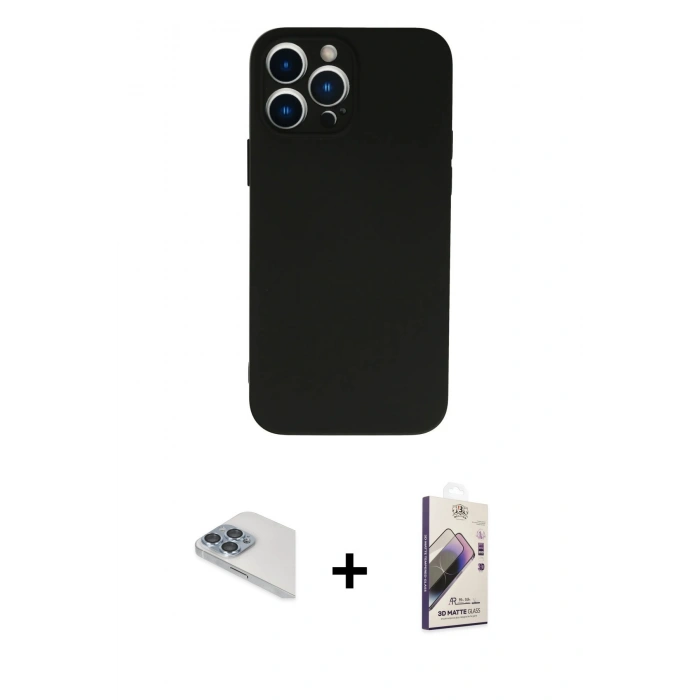 MARSİLYAN™- iPhone 13 Pro Max Kılıf Ahenk Serisi - Siyah Bilvis 3D Mat Cam Ekran Koruyucu + Pers Alüminyum Kamera Lens - SABE