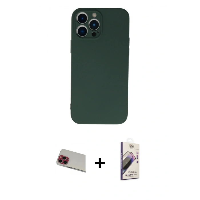 MARSİLYAN™- iPhone 13 Pro Max Kılıf Ahenk Serisi - Siyah Bilvis 3D Mat Cam Ekran Koruyucu + Rainbow Kamera Lens Koruma Cam - KI