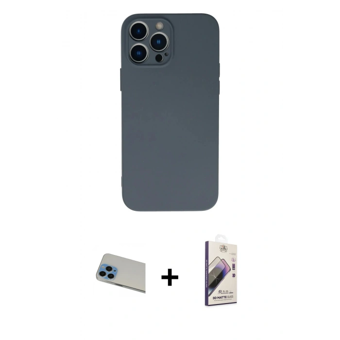 MARSİLYAN™- iPhone 13 Pro Max Kılıf Ahenk Serisi - Siyah Bilvis 3D Mat Cam Ekran Koruyucu + Rainbow Kamera Lens Koruma Cam - MI