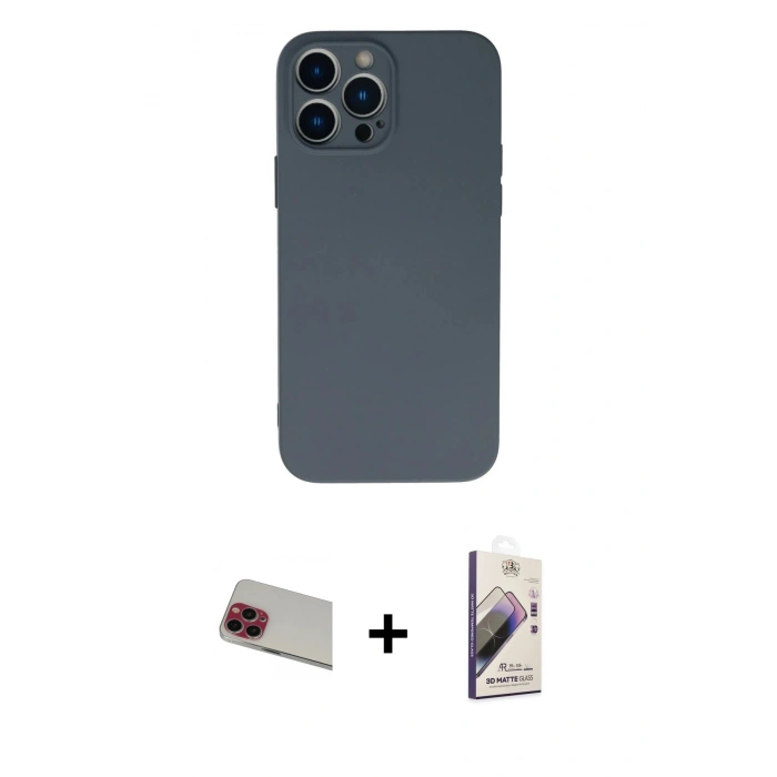 MARSİLYAN™- iPhone 13 Pro Max Kılıf Ahenk Serisi - Siyah Bilvis 3D Mat Cam Ekran Koruyucu + Rainbow Kamera Lens Koruma Cam - KI