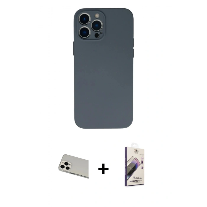 MARSİLYAN™- iPhone 13 Pro Max Kılıf Ahenk Serisi - Siyah Bilvis 3D Mat Cam Ekran Koruyucu + Rainbow Kamera Lens Koruma Cam - BZ