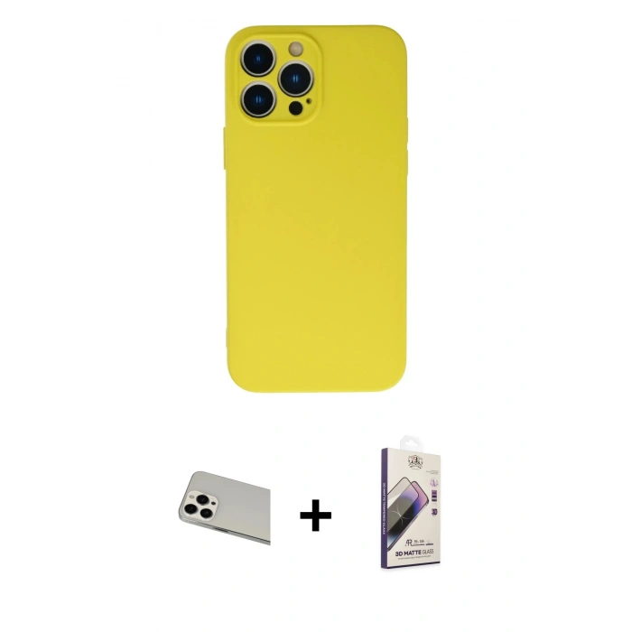 MARSİLYAN™- iPhone 13 Pro Max Kılıf Ahenk Serisi - Siyah Bilvis 3D Mat Cam Ekran Koruyucu + Rainbow Kamera Lens Koruma Cam - BZ