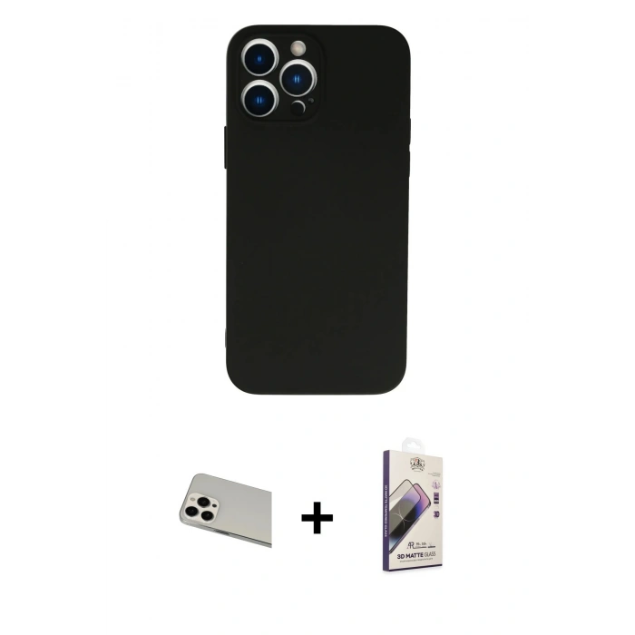 MARSİLYAN™- iPhone 13 Pro Max Kılıf Ahenk Serisi - Siyah Bilvis 3D Mat Cam Ekran Koruyucu + Rainbow Kamera Lens Koruma Cam - BZ