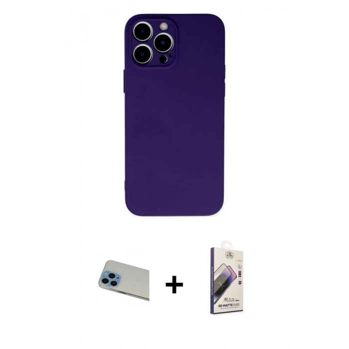 MARSİLYAN™- iPhone 13 Pro Max Kılıf Ahenk Serisi - Siyah Bilvis 3D Mat Cam Ekran Koruyucu + Rainbow Kamera Lens Koruma Cam - MI
