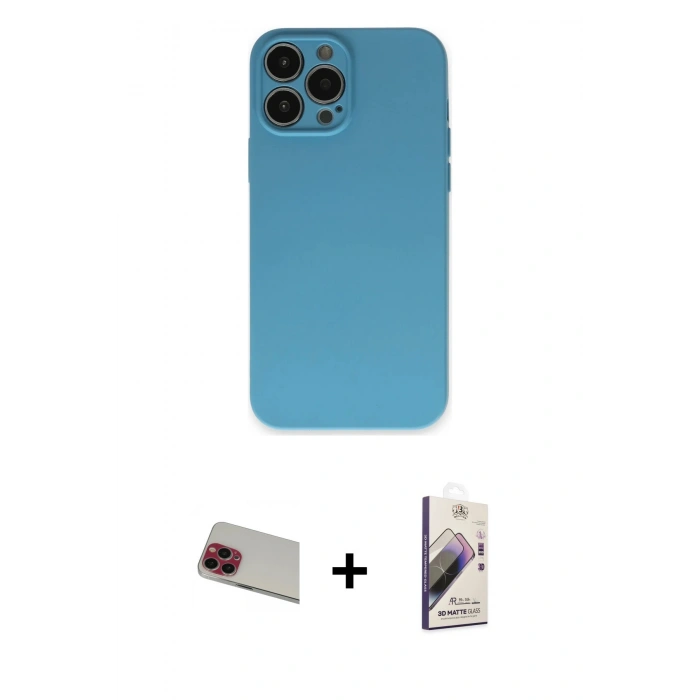 MARSİLYAN™- iPhone 13 Pro Max Kılıf Ahenk Serisi - Siyah Bilvis 3D Mat Cam Ekran Koruyucu + Rainbow Kamera Lens Koruma Cam - KI