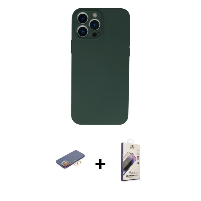 MARSİLYAN™- iPhone 13 Pro Max Kılıf Ahenk Serisi - Siyah Bilvis 3D Mat Cam Ekran Koruyucu + Renkli Kamera Lens Koruma Cam - TU