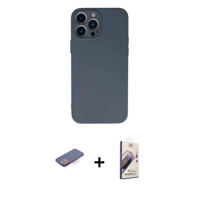 MARSİLYAN™- iPhone 13 Pro Max Kılıf Ahenk Serisi - Siyah Bilvis 3D Mat Cam Ekran Koruyucu + Renkli Kamera Lens Koruma Cam - PE