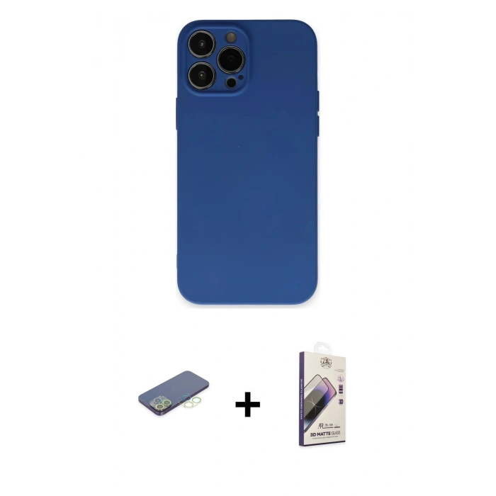 MARSİLYAN™- iPhone 13 Pro Max Kılıf Ahenk Serisi - Siyah Bilvis 3D Mat Cam Ekran Koruyucu + Renkli Kamera Lens Koruma Cam - YL
