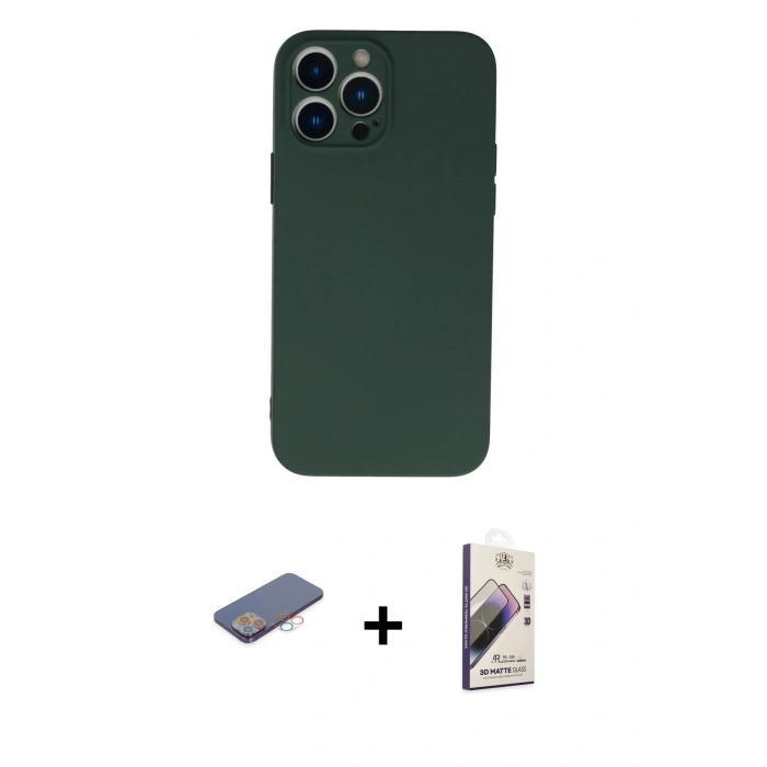 MARSİLYAN™- iPhone 13 Pro Max Kılıf Ahenk Serisi - Siyah Bilvis 3D Mat Cam Ekran Koruyucu + Renkli Kamera Lens Koruma Cam - PE
