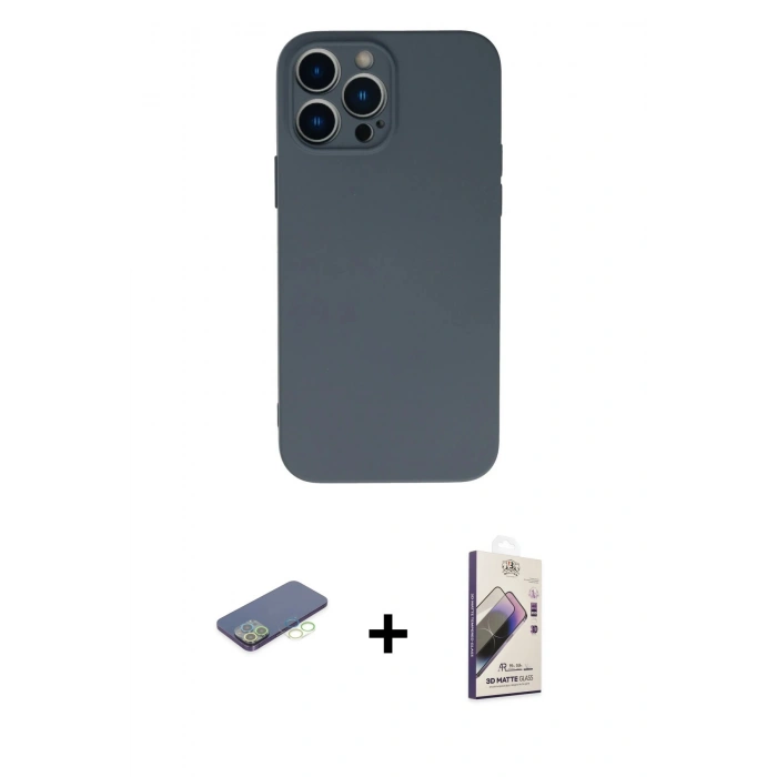 MARSİLYAN™- iPhone 13 Pro Max Kılıf Ahenk Serisi - Siyah Bilvis 3D Mat Cam Ekran Koruyucu + Renkli Kamera Lens Koruma Cam - YL