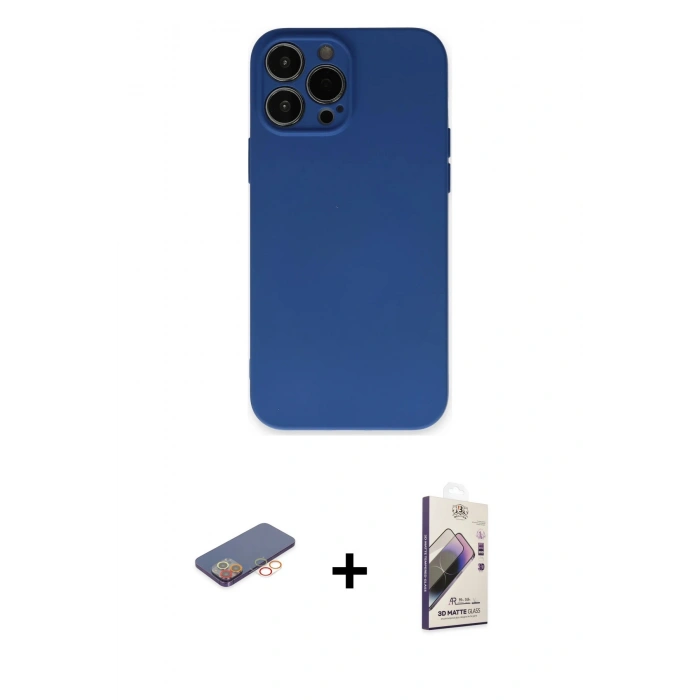 MARSİLYAN™- iPhone 13 Pro Max Kılıf Ahenk Serisi - Siyah Bilvis 3D Mat Cam Ekran Koruyucu + Renkli Kamera Lens Koruma Cam - TU