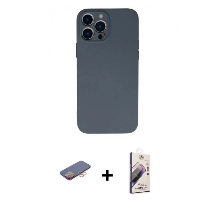 MARSİLYAN™- iPhone 13 Pro Max Kılıf Ahenk Serisi - Siyah Bilvis 3D Mat Cam Ekran Koruyucu + Renkli Kamera Lens Koruma Cam - TU