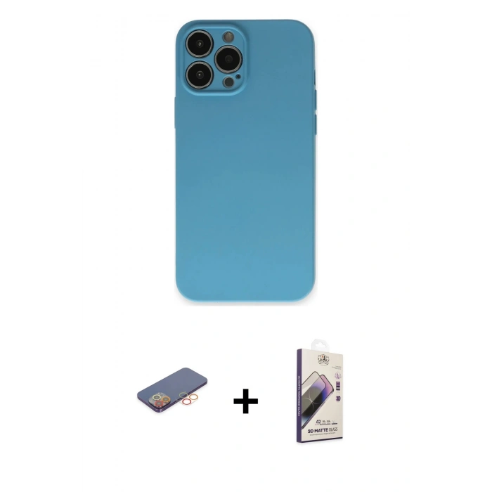 MARSİLYAN™- iPhone 13 Pro Max Kılıf Ahenk Serisi - Siyah Bilvis 3D Mat Cam Ekran Koruyucu + Renkli Kamera Lens Koruma Cam - TU