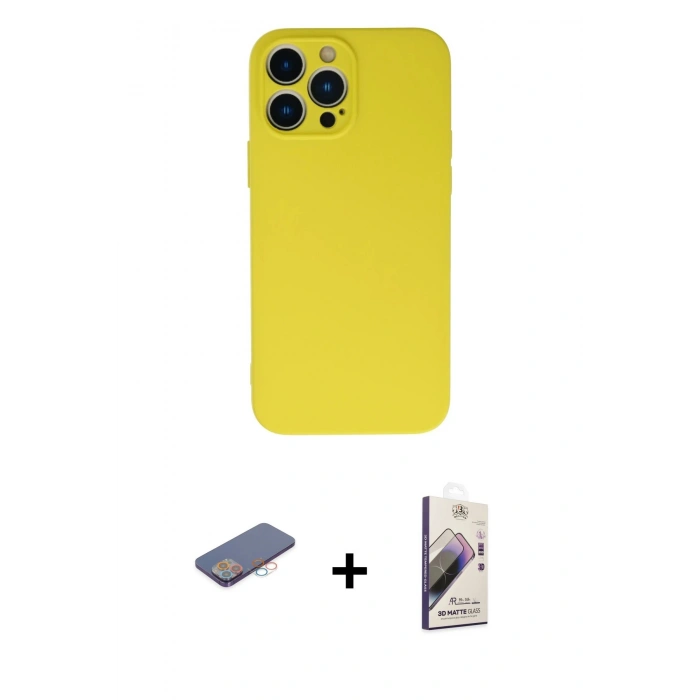 MARSİLYAN™- iPhone 13 Pro Max Kılıf Ahenk Serisi - Siyah Bilvis 3D Mat Cam Ekran Koruyucu + Renkli Kamera Lens Koruma Cam - PE
