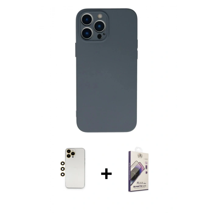 MARSİLYAN™- iPhone 13 Pro Max Kılıf Ahenk Serisi - Siyah Bilvis 3D Mat Cam Ekran Koruyucu + Shine Kamera Lens - GD