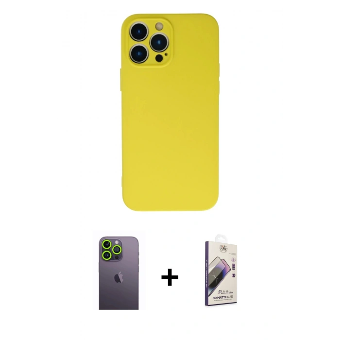 MARSİLYAN™- iPhone 13 Pro Max Kılıf Ahenk Serisi - Siyah Bilvis 3D Mat Cam Ekran Koruyucu + Neon Fosforlu Kamera Lens - YL