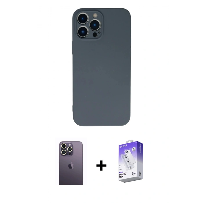 MARSİLYAN™- iPhone 13 Pro Max Kılıf Ahenk Serisi - Siyah Bilvis 5in1 3D Magic Cam Ekran Koruyucu + Neon Fosforlu Kamera Lens - BZ