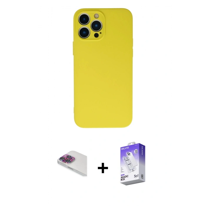 MARSİLYAN™- iPhone 13 Pro Max Kılıf Ahenk Serisi - Siyah Bilvis 5in1 3D Magic Cam Ekran Koruyucu + Gökkuşağı Pers Alüminyum Kamera Lens