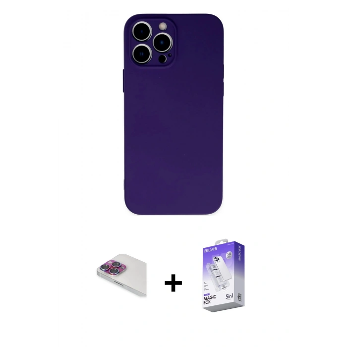 MARSİLYAN™- iPhone 13 Pro Max Kılıf Ahenk Serisi - Siyah Bilvis 5in1 3D Magic Cam Ekran Koruyucu + Gökkuşağı Pers Alüminyum Kamera Lens