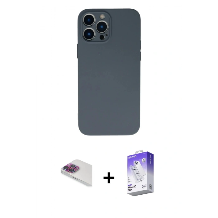 MARSİLYAN™- iPhone 13 Pro Max Kılıf Ahenk Serisi - Siyah Bilvis 5in1 3D Magic Cam Ekran Koruyucu + Gökkuşağı Pers Alüminyum Kamera Lens