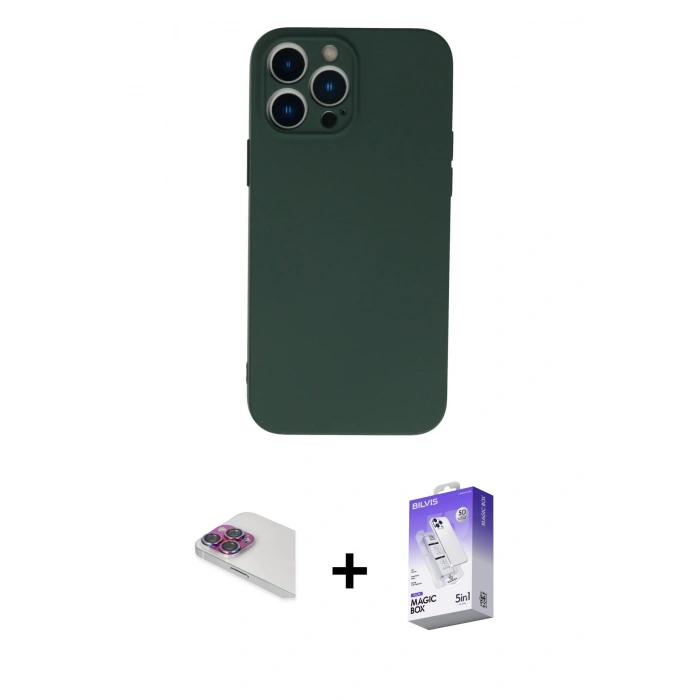 MARSİLYAN™- iPhone 13 Pro Max Kılıf Ahenk Serisi - Siyah Bilvis 5in1 3D Magic Cam Ekran Koruyucu + Gökkuşağı Pers Alüminyum Kamera Lens