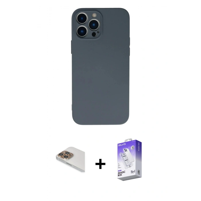 MARSİLYAN™- iPhone 13 Pro Max Kılıf Ahenk Serisi - Siyah Bilvis 5in1 3D Magic Cam Ekran Koruyucu + Pers Alüminyum Kamera Lens - GD