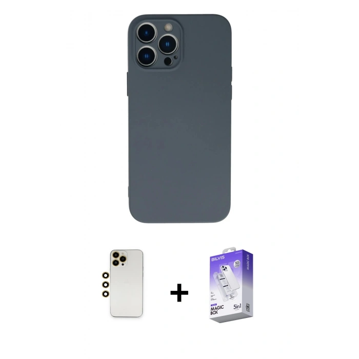MARSİLYAN™- iPhone 13 Pro Max Kılıf Ahenk Serisi - Siyah Bilvis 5in1 3D Magic Cam Ekran Koruyucu + Shine Kamera Lens - GD