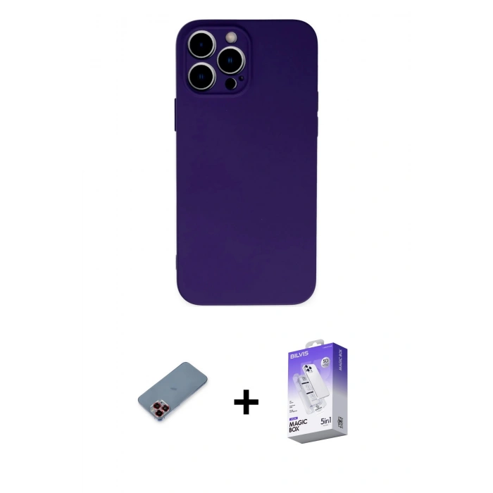 MARSİLYAN™- iPhone 13 Pro Max Kılıf Ahenk Serisi - Siyah Bilvis 5in1 3D Magic Cam Ekran Koruyucu + Kırmızı Metal Kamera Lens Koruma Cam