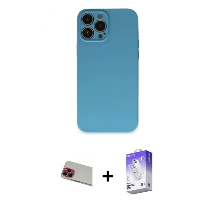 MARSİLYAN™- iPhone 13 Pro Max Kılıf Ahenk Serisi - Siyah Bilvis 5in1 3D Magic Cam Ekran Koruyucu + Rainbow Kamera Lens Koruma Cam - KI
