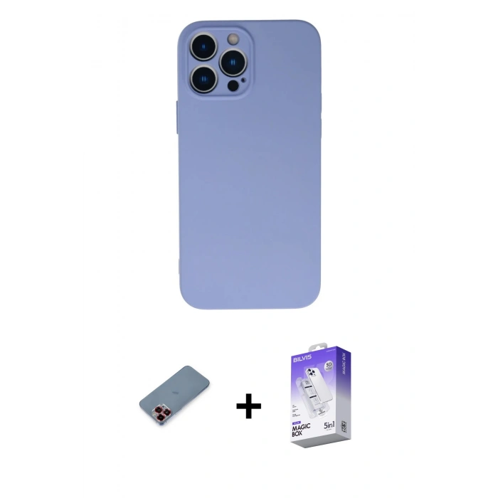 MARSİLYAN™- iPhone 13 Pro Max Kılıf Ahenk Serisi - Siyah Bilvis 5in1 3D Magic Cam Ekran Koruyucu + Kırmızı Metal Kamera Lens Koruma Cam