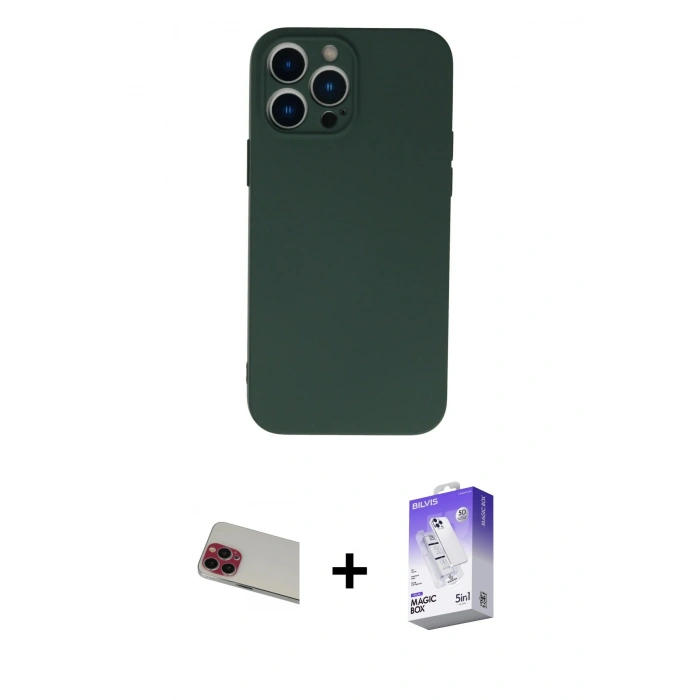 MARSİLYAN™- iPhone 13 Pro Max Kılıf Ahenk Serisi - Siyah Bilvis 5in1 3D Magic Cam Ekran Koruyucu + Rainbow Kamera Lens Koruma Cam - KI