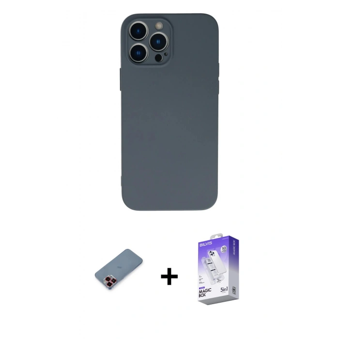MARSİLYAN™- iPhone 13 Pro Max Kılıf Ahenk Serisi - Siyah Bilvis 5in1 3D Magic Cam Ekran Koruyucu + Kırmızı Metal Kamera Lens Koruma Cam
