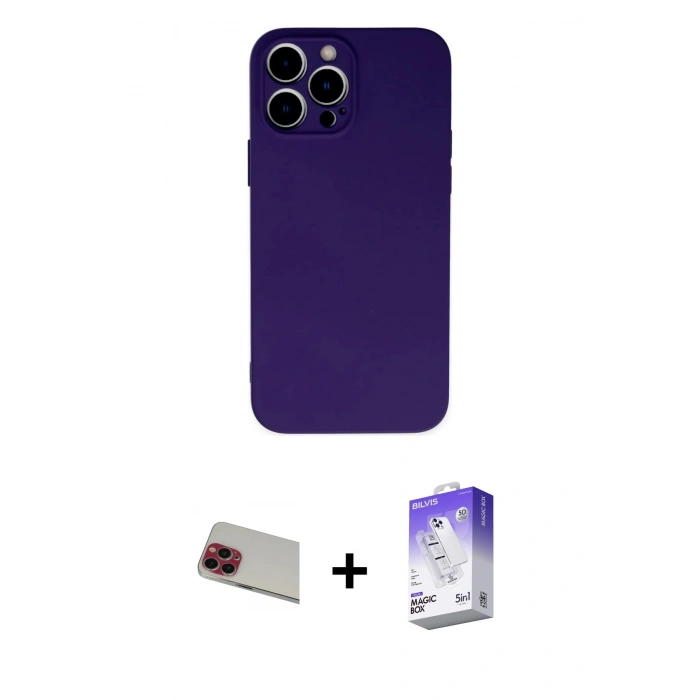 MARSİLYAN™- iPhone 13 Pro Max Kılıf Ahenk Serisi - Siyah Bilvis 5in1 3D Magic Cam Ekran Koruyucu + Rainbow Kamera Lens Koruma Cam - KI