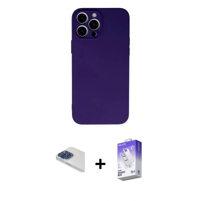 MARSİLYAN™- iPhone 13 Pro Max Kılıf Ahenk Serisi - Siyah Bilvis 5in1 3D Magic Cam Ekran Koruyucu + Pers Alüminyum Kamera Lens - LT